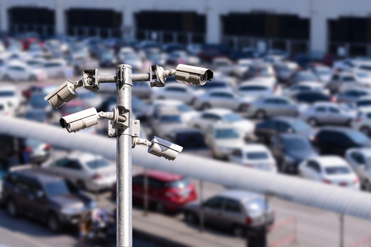 parking lot traffic lane and pedestrian surveillance cameras