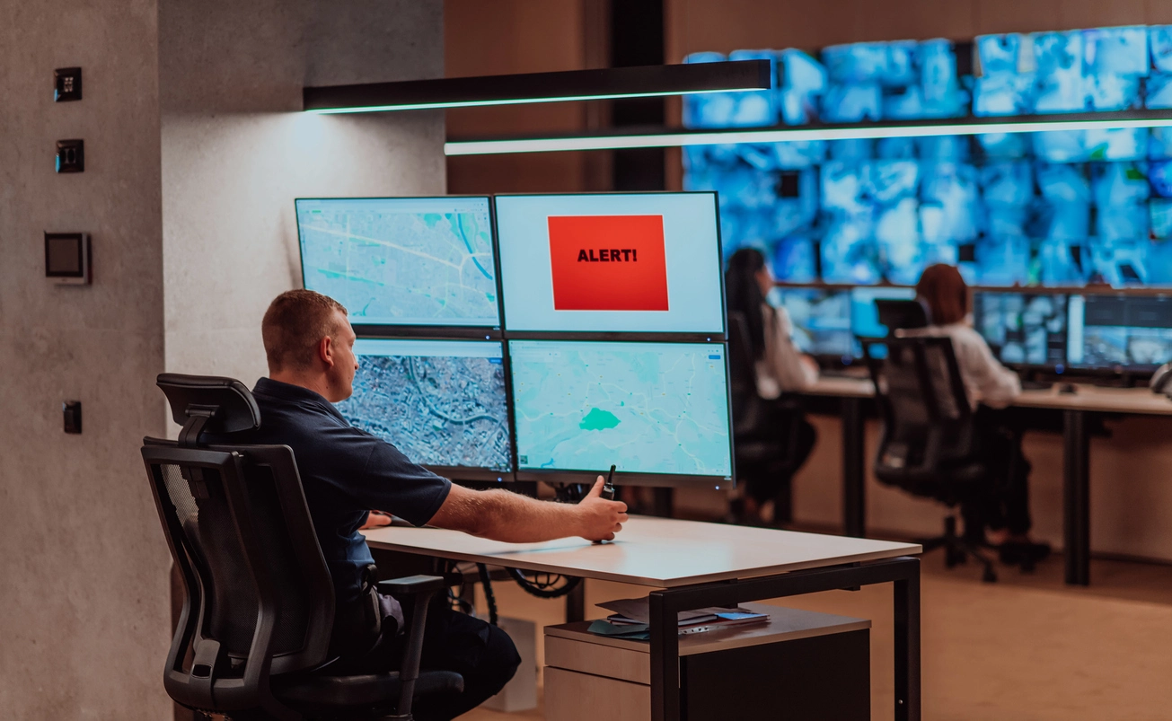 business owner reviewing multiple commercial security camera feeds remotely