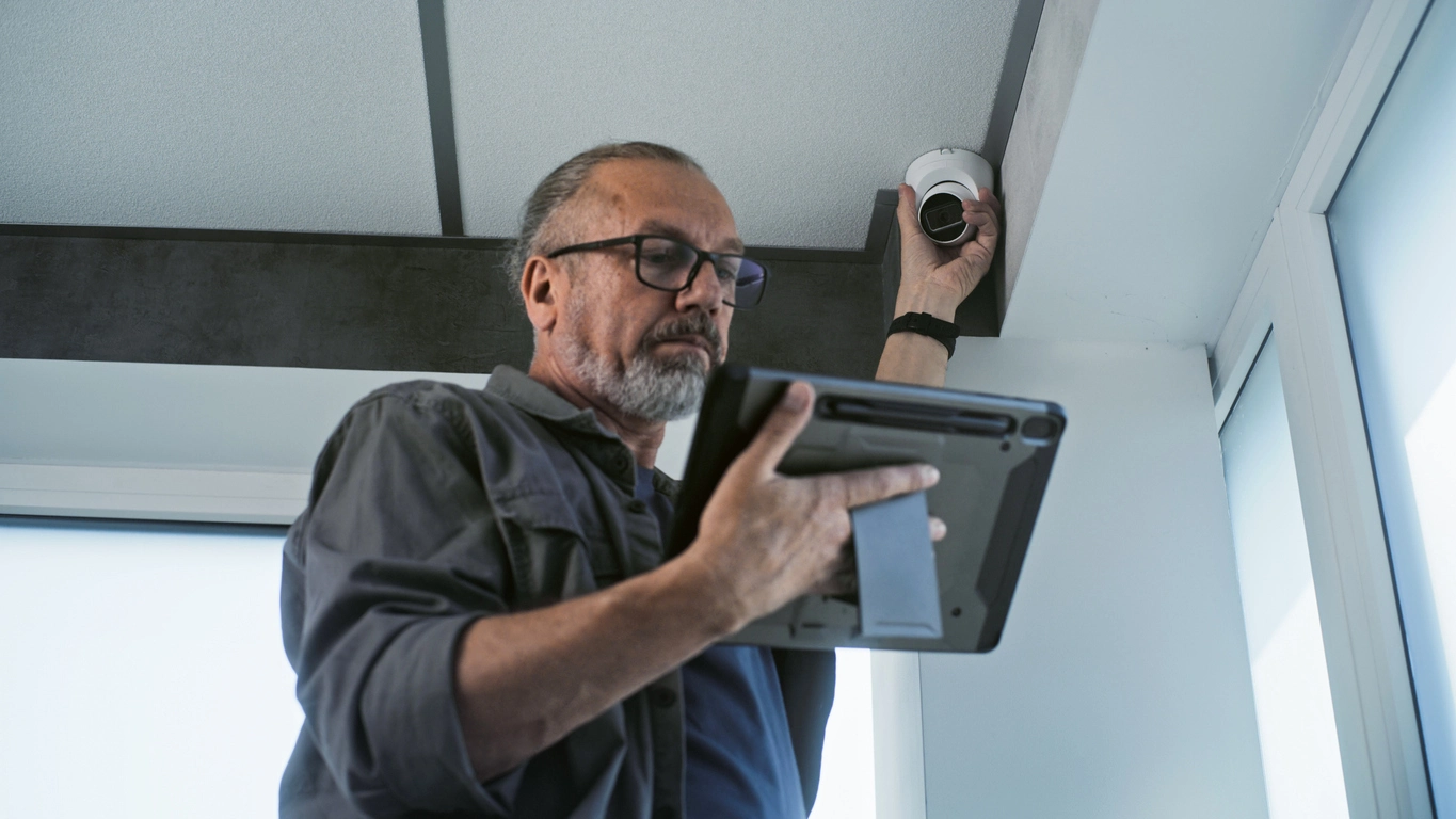 security camera technician reviewing installation service issue