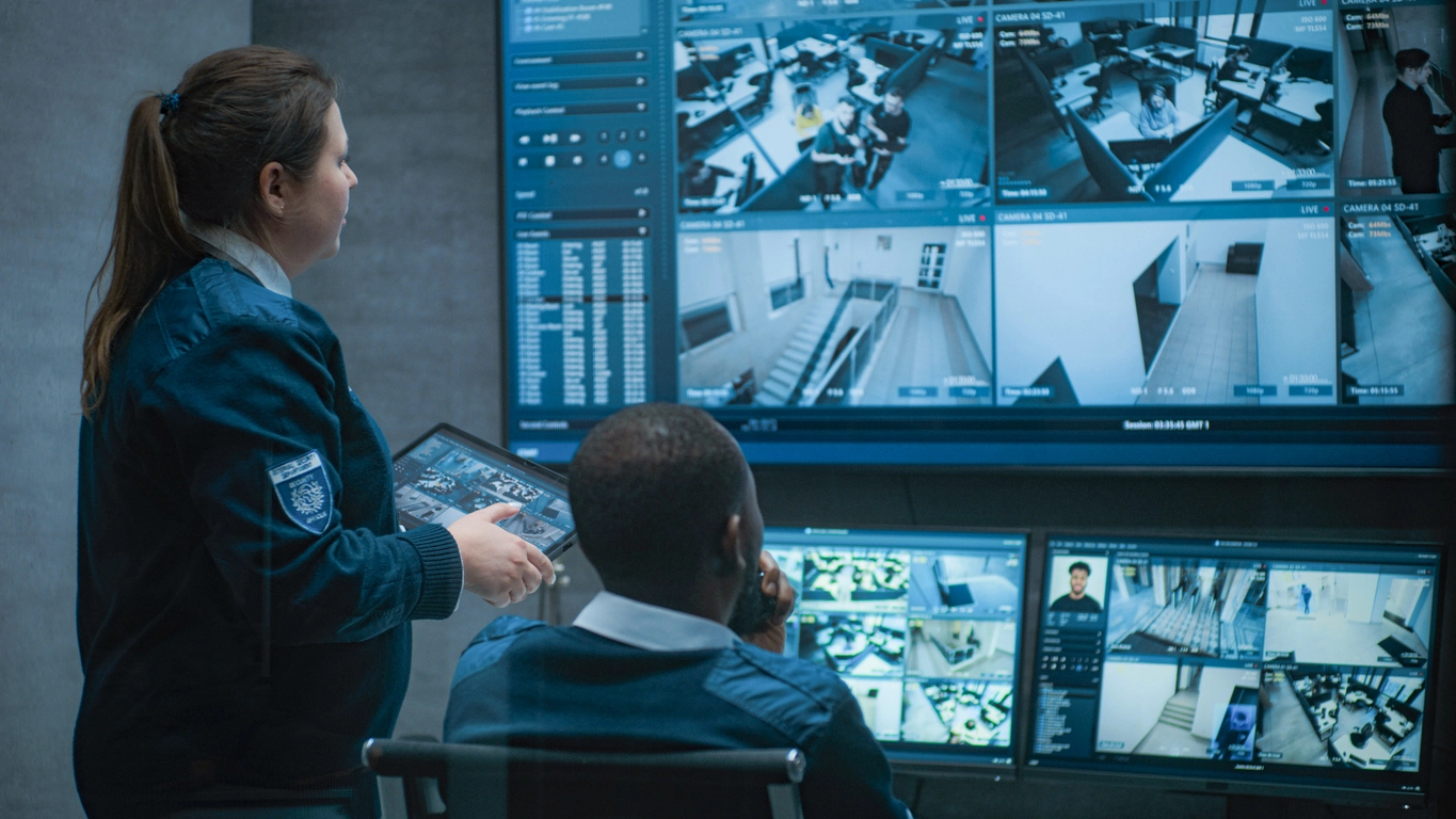 security camera video wall displaying multiple locations for centralized monitoring