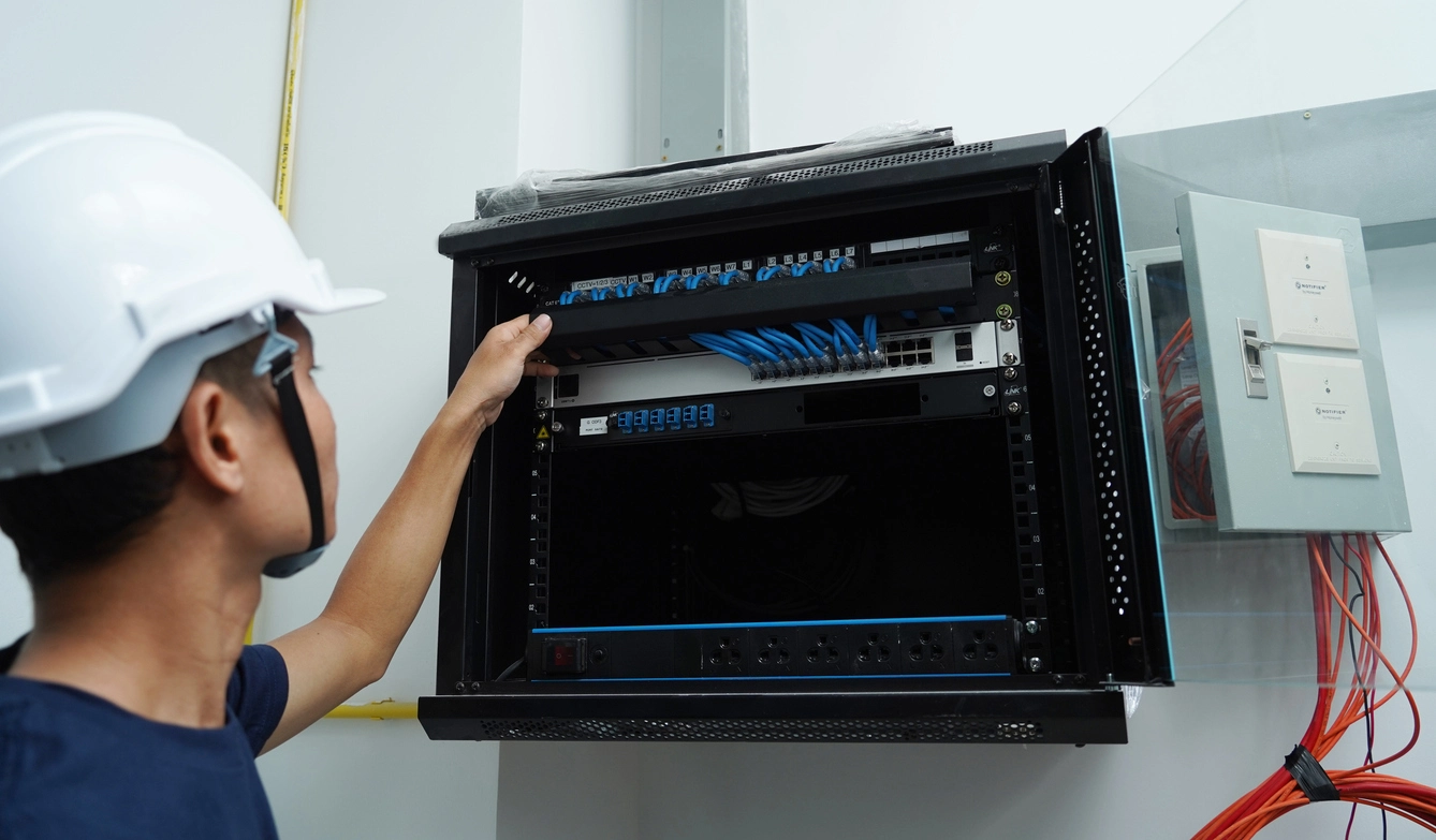 power over Ethernet security camera connected with network cable