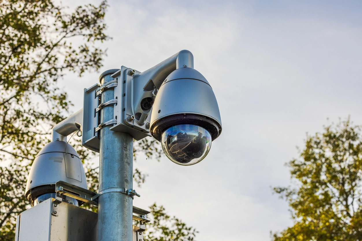 weather resistant outdoor security camera mounted in city park