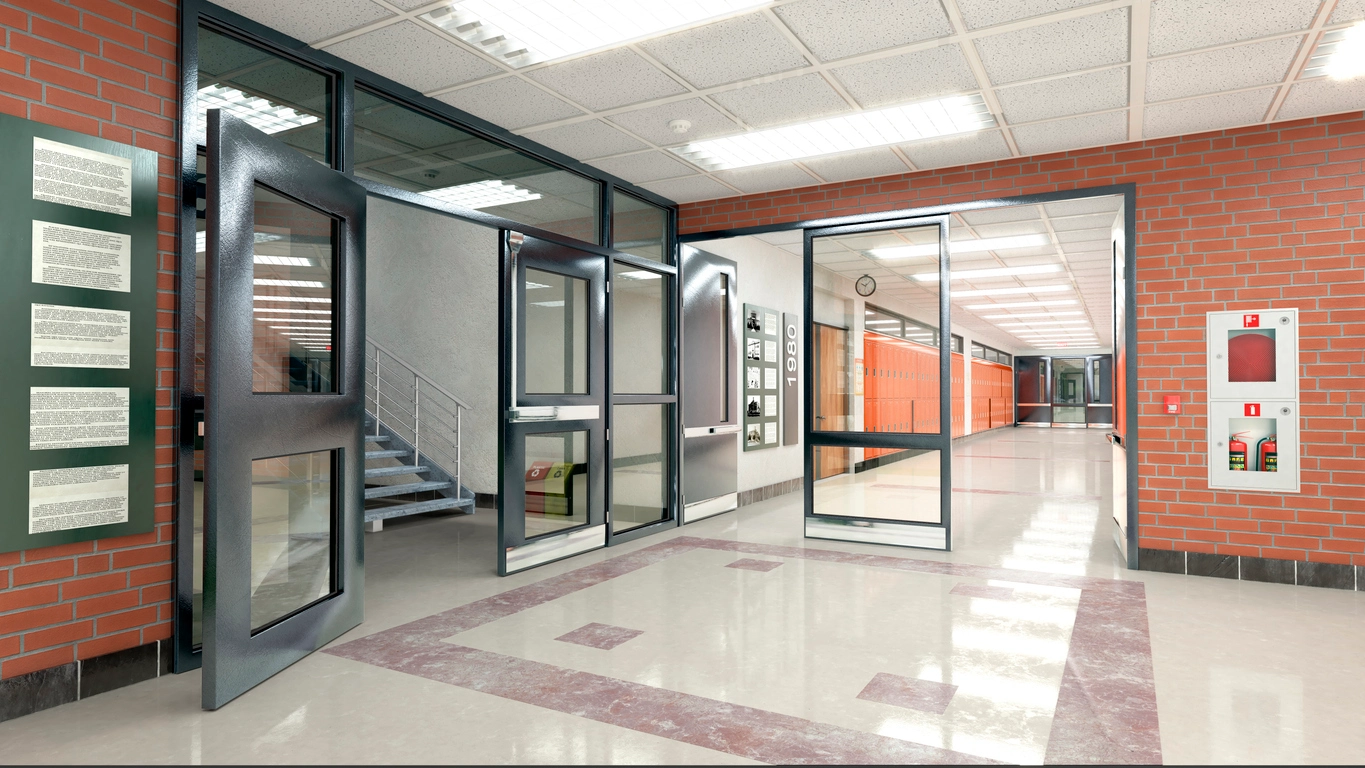 security camera monitoring school lobby and entrance area