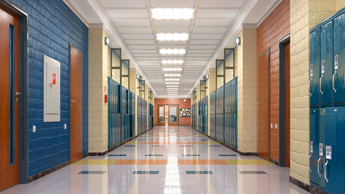 security camera monitoring main school corridor with classroom doors